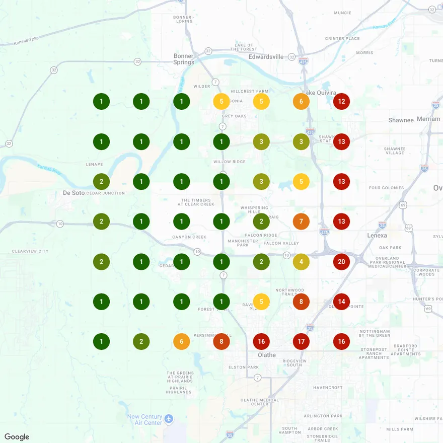 Map scan, car detailing lenexa — Sep 5 · 12:16 PM — Google · 49 points · 5 mi — share of local voice 61.22%. Rank number on every grid point.